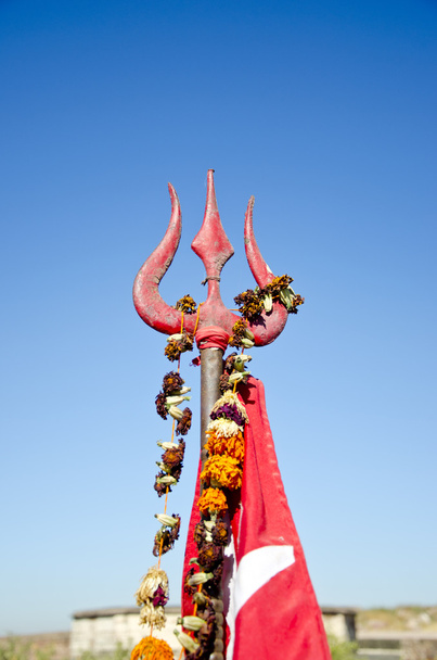 Hindu god Shiva sacred trident and red flags - Photo, Image