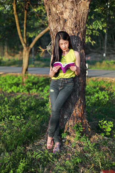 mulher olhando para a árvore e lendo um livro no parque
 - Foto, Imagem