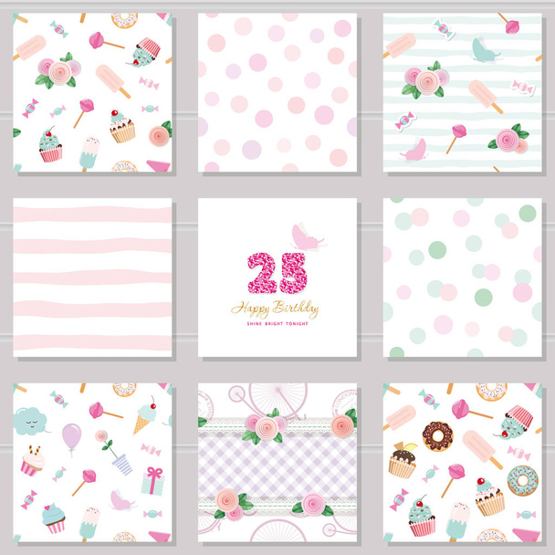 Birthday templates set. Cute seamless patterns with sweets and decotative elements. For greeting card, poster, notebook, album cover, website backdrop. - Vektor, obrázek