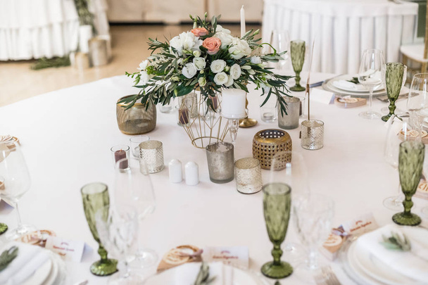 Close up of floral wedding decorations on table - Photo, Image