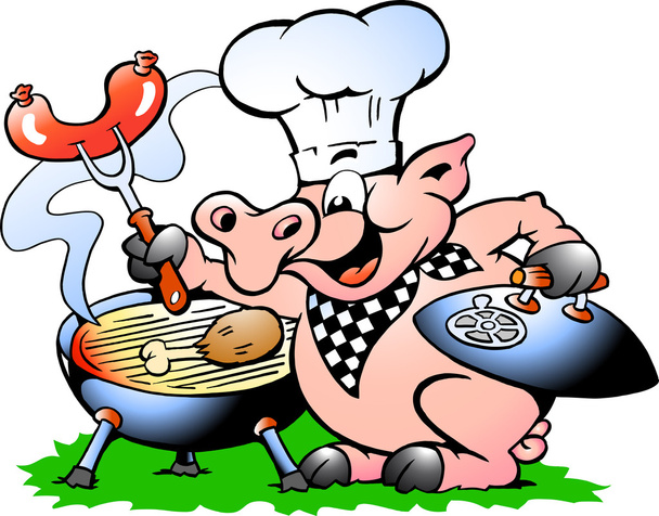 Мальована вручну Векторна ілюстрація свині шеф-кухаря стоїть і робить барбекю
 - Вектор, зображення