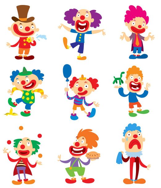 Clown character vector performing different fun activities cartoon illustrations. Clown character funny happy costume cartoon joker. Fun makeup and carnival smile hat nose clown character - Διάνυσμα, εικόνα