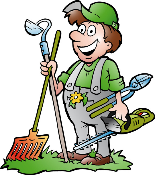 Векторная иллюстрация счастливого садовника, стоящего с садовым инструментом
 - Вектор,изображение