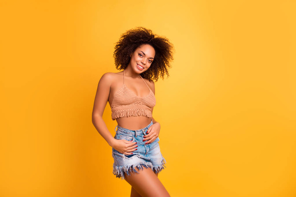 Portrait of attractive charming cheerful lovely mulatto girl wit - Photo, image