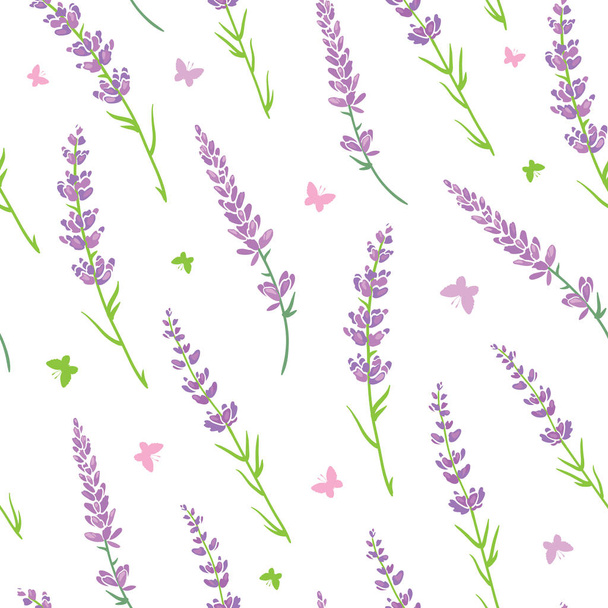 Vector lavender flowers purple green silhouettes seamless pattern. Beautiful violet lavender retro background. Elegant fabric on light background - Διάνυσμα, εικόνα