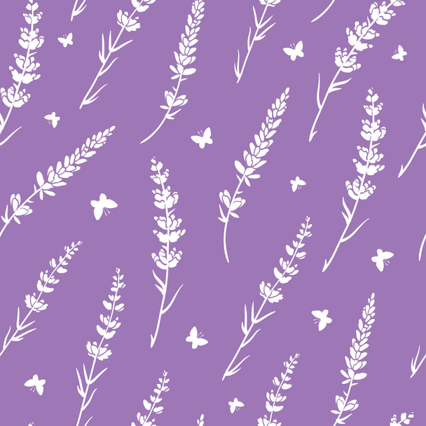 Vector lavender flowers silhouettes seamless pattern. Beautiful violet lavender retro background. Elegant fabric on light background - Vector, afbeelding
