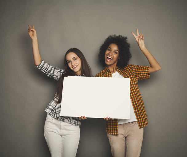 Two girlfriends holding blank white banner - Photo, image