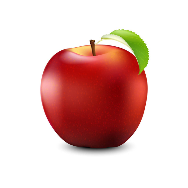 Červené jablko realistické s list. Detailní 3d ilustrace izolované - Vektor, obrázek