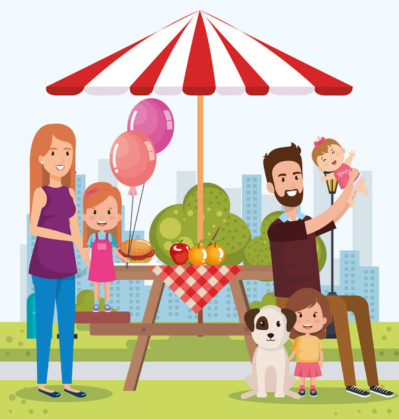 linda familia feliz en los personajes del día de picnic
 - Vector, imagen