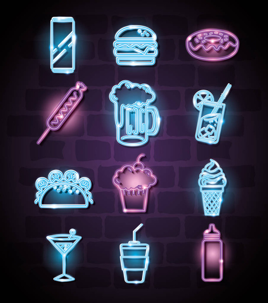 fast food and drinks with neon lights icons - Vektör, Görsel