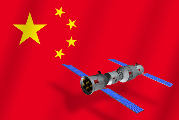 Modèle 3D de la station spatiale chinoise Tiangong-1 en orbite autour de la planète Terre avec le drapeau de la Chine en arrière-plan. rendu 3D
 - Photo, image