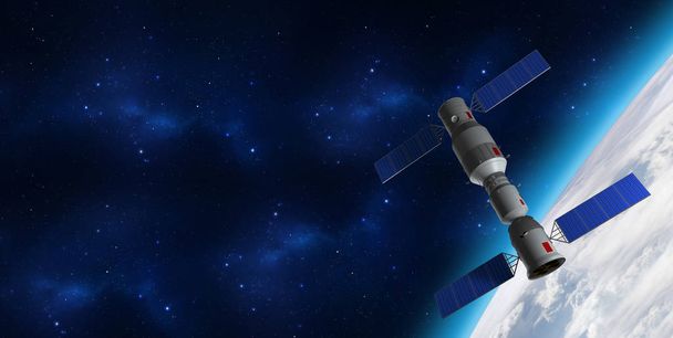 Modèle 3D de la station spatiale chinoise Tiangong-1 en orbite autour de la planète Terre. rendu 3D
 - Photo, image
