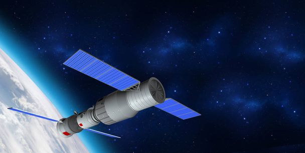 3D-Modell der chinesischen Raumstation Tiangong-1, die den Planeten Erde umkreist. 3D-Darstellung - Foto, Bild