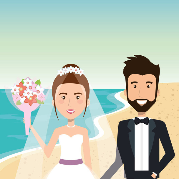 浜でちょうど結婚されていたカップル - ベクター画像
