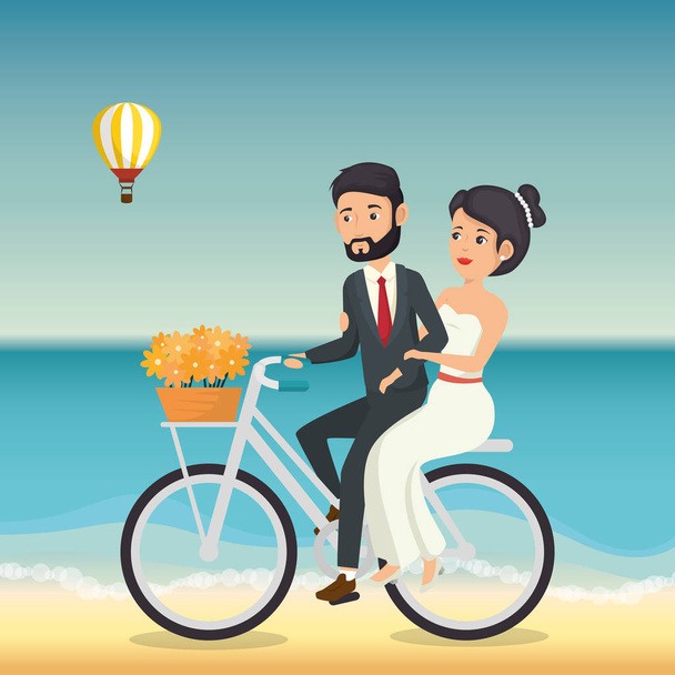just married couple in the beach with bicycle - Vector, Image