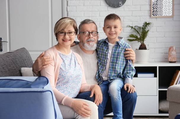 Happy senior couple with little grandson at home - Фото, изображение