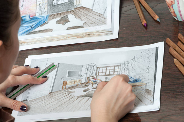 Zarys rysunki za projekt Projektowanie kuchni, wszystko jest rysowany ołówkiem. Piękne, ceglane ściany. - Zdjęcie, obraz