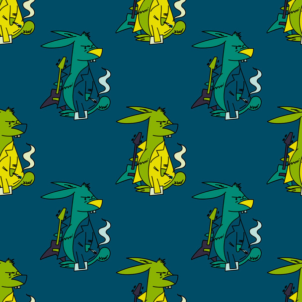 Angry smoking rabbit with guitar seamless pattern - Vecteur, image