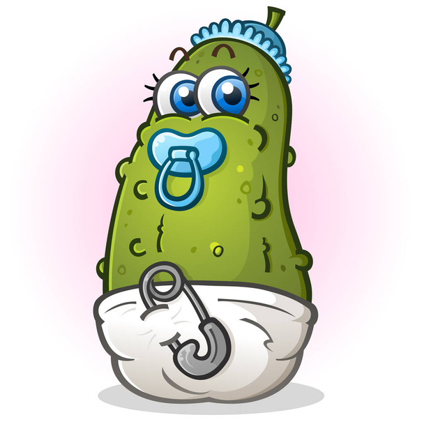 Baby Dill Pickle Cartoon Character With Diaper and Binky - Vector, Image