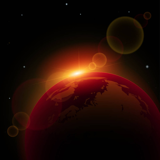 Ray sunlight in red cosmos over Earth. Vector background.. - Vector, Image