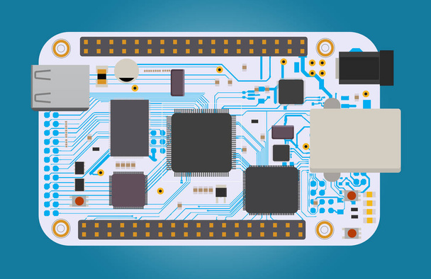 Placa mega eletrônica DIY com um microcontrolador, LEDs, conectores e outros componentes eletrônicos
. - Vetor, Imagem