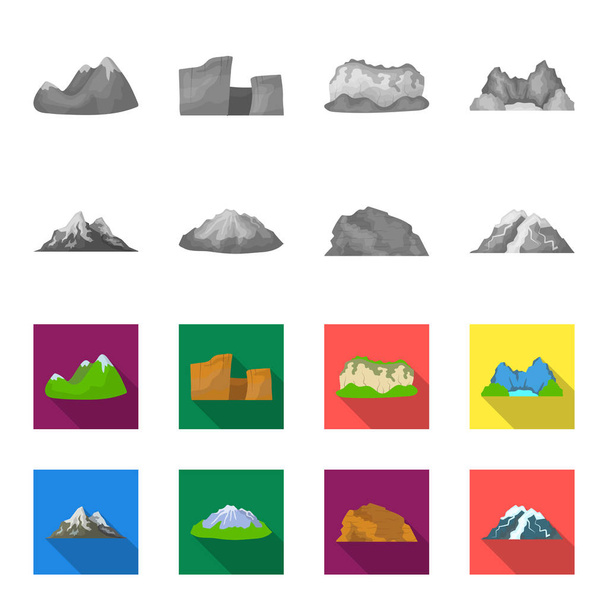 Mountains in the desert, a snowy peak, an island with a glacier, a snow-capped mountain. Different mountains set collection icons in monochrome,flat style vector symbol stock illustration web. - Vettoriali, immagini