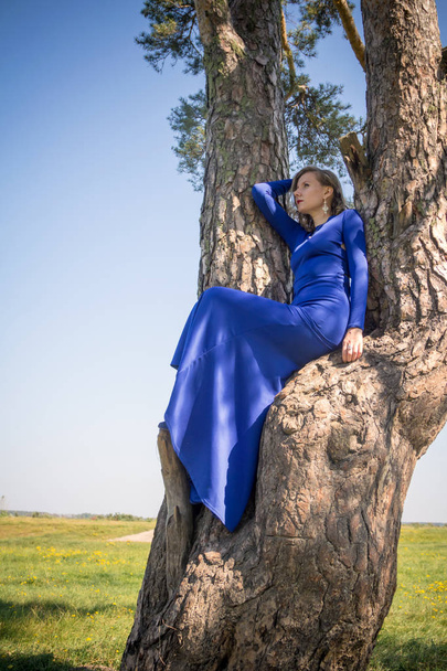 A girl dressed in a blue dress is walking around the field - Foto, Imagen