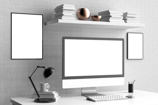 Moderní pracoviště, izolované obrazovku počítače a rám navrhnete. 3D - Fotografie, Obrázek