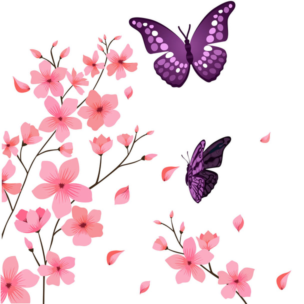Butterfly And Sakura Flower Background Vector Image - Vektör, Görsel