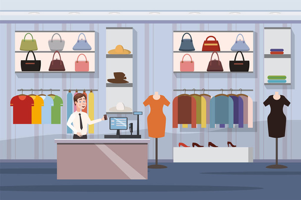 Μόδα κατάστημα Super αγορά Γυναικεία ρούχα εμπορικό εσωτερικό με αντίγραφο διάστημα πανό καρτούν εικονογράφηση φορέα - Διάνυσμα, εικόνα