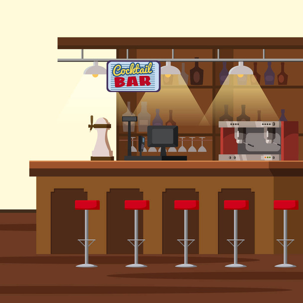 Bar counter. Pub beer tap pump, stools, shelves with alcohol bottles. Pub with beer glassesCartoon vector isolated illustration - Vector, Image
