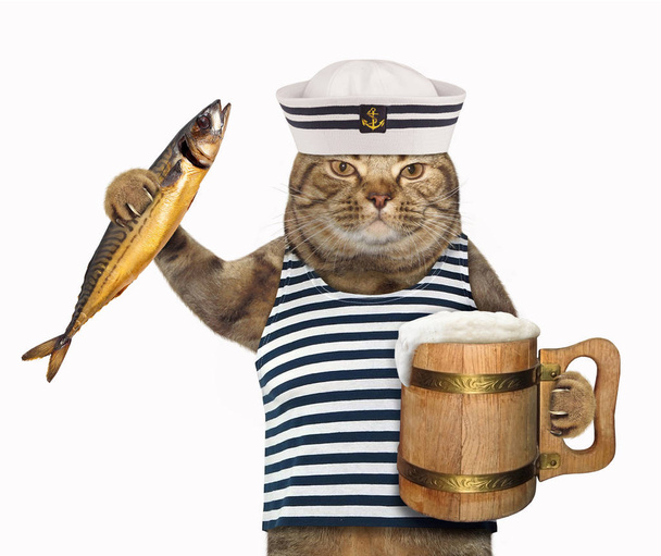 Cat sailor with mug of beer - Φωτογραφία, εικόνα