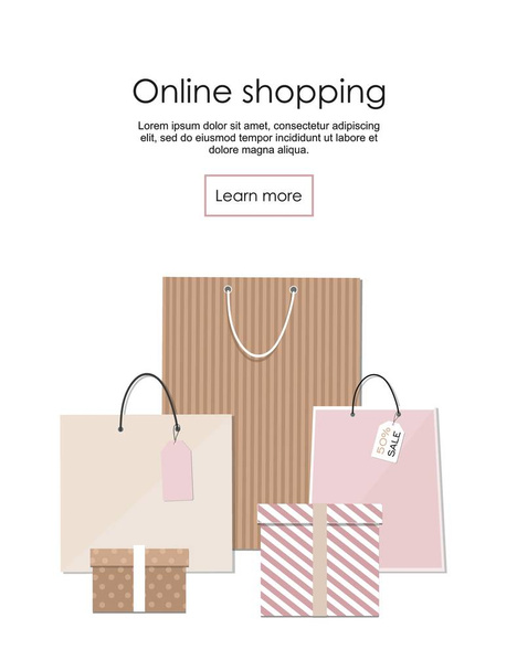 Online shopping banner Group of shopping bags and box Vector Illusrtation - Vector, Image