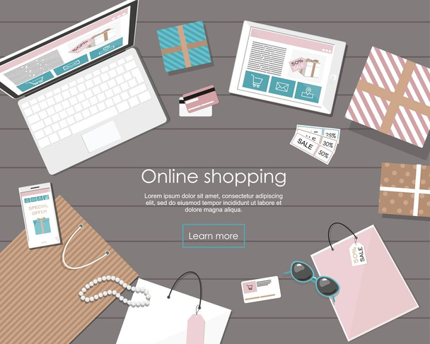 Online shopping with digital tablet and notebook Vector Illusrtation - Vector, Image