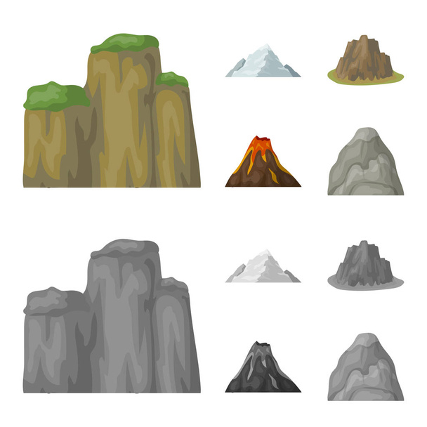 Sheer cliffs, a volcanic eruption, a mountain with a beach, a glacier. Different mountains set collection icons in cartoon,monochrome style vector symbol stock illustration web. - Вектор, зображення