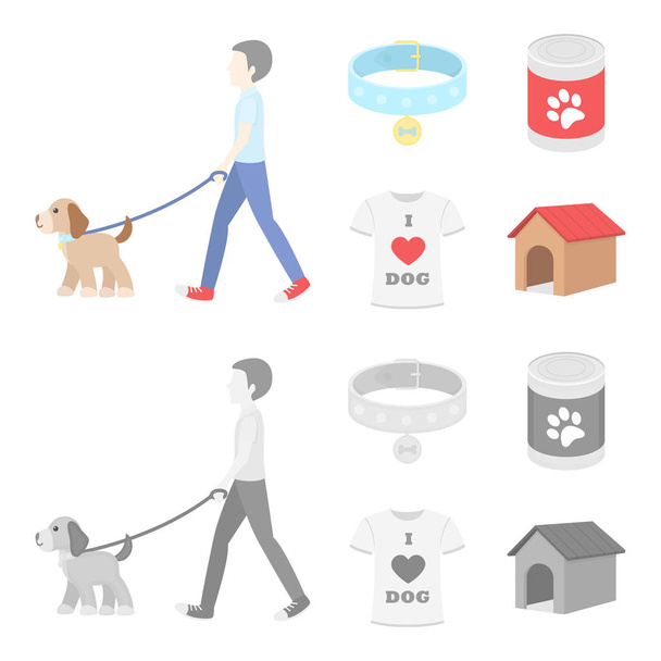 Egy férfi sétál egy kutya, egy ezüstérmet, élelmiszer, egy pólót, szeretem a kutya gallér. Kutya készlet ikonok gyűjtemény-rajzfilm, fekete-fehér stílus vektor szimbólum stock illusztráció web. - Vektor, kép