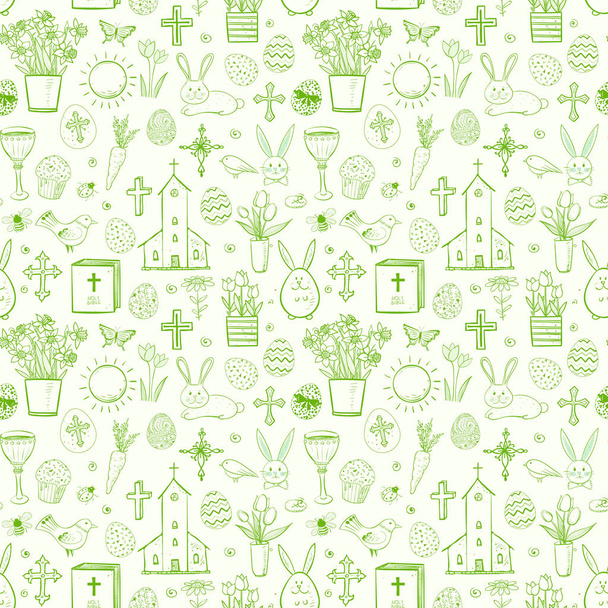 Seamless pattern with green easter doodle sketches. Vector illustration. - Vecteur, image