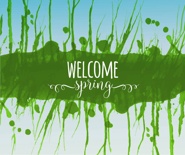 「春を歓迎する」緑の言葉、スプラッシュと青空とタイポグラフィの組成. - ベクター画像