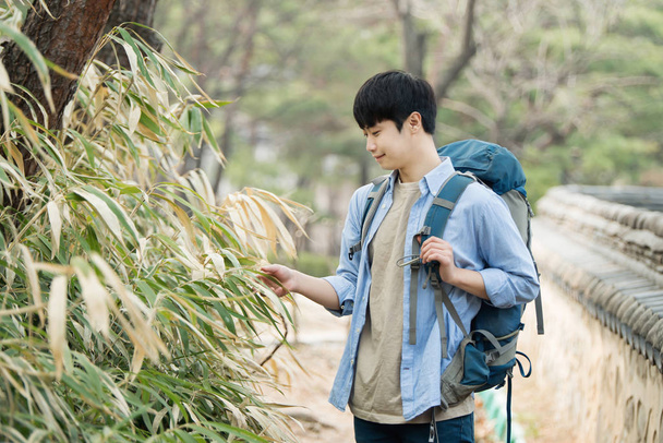 Молодой человек путешествует в походе в корейском традиционном доме
. - Фото, изображение