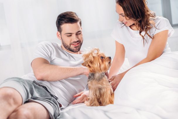 smiling couple in love with yorkshire terrier resting on bed together - Valokuva, kuva