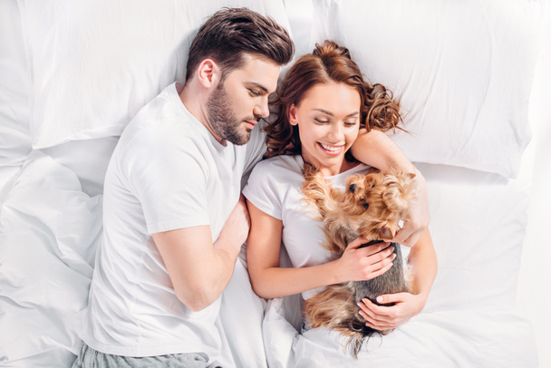 overhead view of young couple in love with yorkshire terrier lying on bed together - Φωτογραφία, εικόνα