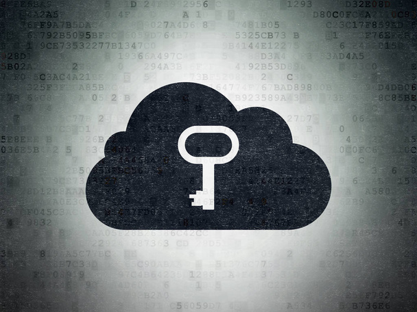 Концепция создания облачных сетей: облако с ключом на фоне цифровой бумаги с данными
 - Фото, изображение