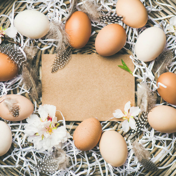 Easter holiday background. Natural colored eggs, tender almond blossom flowers and feather in basket - Foto, Imagem