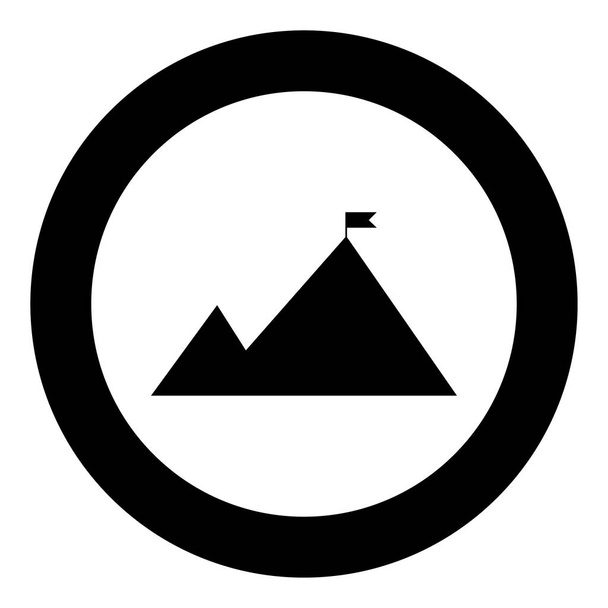 Mountains with a flag on top the black color icon  in circle or round - Vector, Image