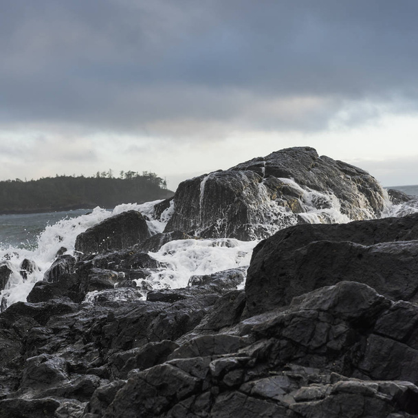 Nézd a sziklák, a tengerpart, Pettinger pont, Cox Bay, Pacific Rim Nemzeti Park Reserve, Tofino, British Columbia, Kanada - Fotó, kép