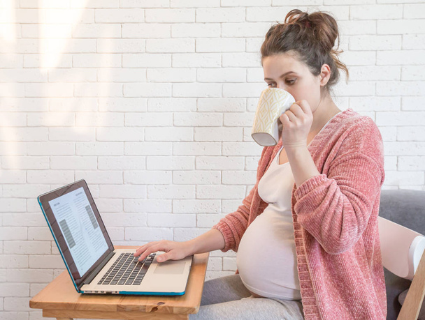 Pregnant woman working on the laptop at home - Foto, Imagem
