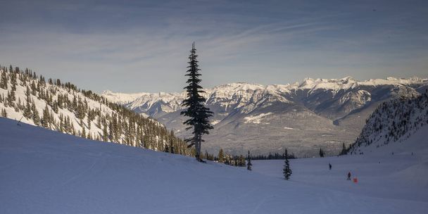 Tourists skiing in snow covered valley,  Kicking Horse Mountain Resort, Golden, British Columbia, Canada - Photo, Image