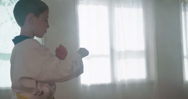Slow motion záběry mladého chlapce trénovat bojová umění - Záběry, video