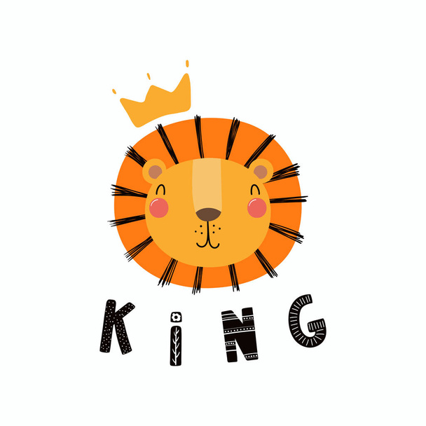 Hand drawn vector illustration of a cute funny lion face in a crown, with lettering quote King. Isolated objects. Scandinavian style flat design. - Vector, Image