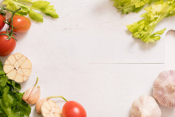 vegetables ingredients. celery parsley and garlic.preparing food, healthy eating. Copy space top view - 写真・画像